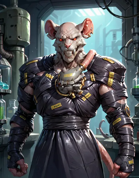 score_9, score_8_up, score_7_up, (NemesisNoWeapon, rat, furry, bald, shoulder armor, science fiction, skull, pauldrons, teeth, standing, cowboy shot, solo, portrait, in a laboratory <lora:nemesis_pony_v3:0.8>