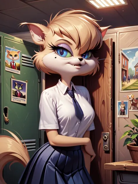 score_9, score_8_up, score_7_up, score_6_up, score_5_up, score_4_up, solo, source furry, Mehitabel, school uniform, skirt, blouse, necktie, lockers, crowd, bulletin board, posters, detailed face, detailed eyes, detailed face, detailed eyes <lora:mehitabel-v1:1>