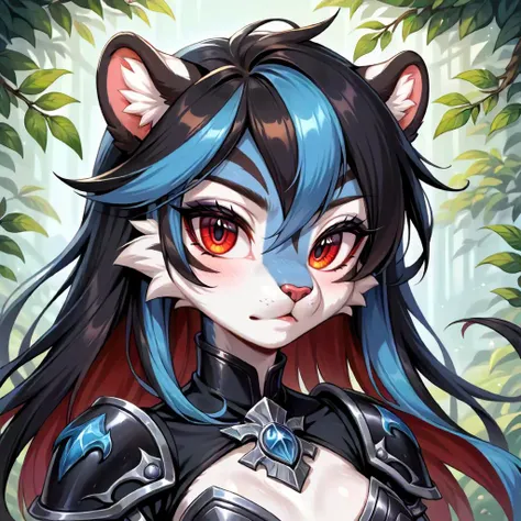 digital_media_(artwork) hi_res, score_9, score_8_up, score_7_up, score_6_up, score_5_up, score_4_up, rating_safe, (Kaladae on Civitai, https://civitai.com/user/Kaladae), <lora:Cica_4_GLoRa:0.8>, beautiful, intricate, high quality details, highly detailed, amazing quality, anthro, furry, female, detailed textured fur, fur tufts, fluffy, slim, slender, cute, small, detailed sexy eyes, solo, SFW, tiger, fantasy armor, long hair, multicolored hair, streaked hair, absurdres, highres, goth, heavy eyeliner, heavy eye shadow, covered breasts,