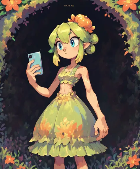 score_9, score_8_up, score_7_up, score_6_up, source_anime, monster girl, midriff, slender toned, animal stripe skin, (nose ring), below view, ballerina bun hair style, bangs, holding phone, (miffed expression), (looking at phone, head tilted down), floral eggshell strappless midi dress, dark cave background,