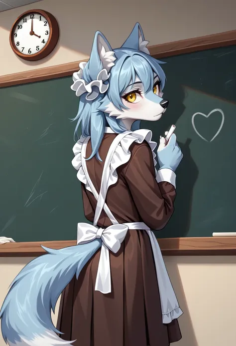 score_9, score_8_up, score_7_up, source furry,
1girl, solo, furry, wolf girl, light blue fur, white fur, yellow eyes, light blush, from behind, looking back,
soviet schoolgirl uniform, frilled apron, frilled hair scrunchie,
classroom, standing against chalkboard, holding chalk,
<lora:Soviet_Schoolgirl_Uniform:1>