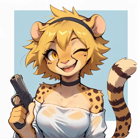 score_9, score_8_up, score_7_up
simple background
furry
1girl,solo
cheetah,female,cute,medium breasts
yellow hair, messy hair, short hair,yellow eyes,cheetah tail
(happy smile:1.2),one eye closed,looking at viewer
pointing finger at viewer,pistol finger at viewer
upper body
strapless white shirt, black headband,black choker
<lora:zaush v1 rank64 pony:1>
<lora:Mila_Minx_Pony_XL_v1:1>