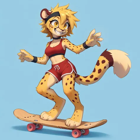 score_9, score_8_up, score_7_up
simple background
furry
1girl,solo
cheetah,female,cute,medium breasts,yellow hair, messy hair, short hair,yellow eyes,(cheetah tail),yellow eyes,black headband, black choker,(paws)
(happy,big grin:1.2),
full body
red sports bra,red bra,red dolphin shorts,red dolfin shorts,red shorts, black wristband, 5 fingers, 4 toes
(skateboarding:1.2),skateboard, 
 <lora:Mila_Minx_4chanOC_v3:1> <lora:zaush v1 rank64 pony:1>