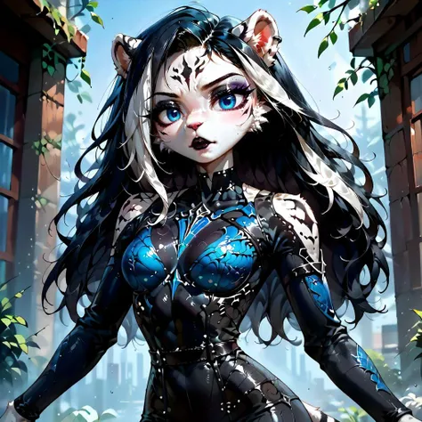digital_media_(artwork) hi_res, score_9, score_8_up, score_7_up, score_6_up, score_5_up, score_4_up, rating_safe, (Kaladae on Civitai, https://civitai.com/user/Kaladae), <lora:Cica_4_GLoRa>, beautiful, intricate, high quality details, highly detailed, amazing quality, anthro, furry, female, feminine, detailed textured fur, fur tufts, fluffy, slim, slender, cute, small, detailed sexy blue eyes, solo, tiger, assassin leather armor, long hair, multicolored hair, streaked hair, absurdres, highres, goth, heavy eyeliner, heavy eye shadow, breasts, SFW,