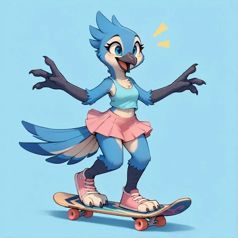 score_9, score_8_up, score_7_up
simple background
furry
1girl,solo
avian,blue jay,beak,blue feathers,(claws:1.2),hindpaw
(happy,big smile:1.2),
full body
white tank top,midriff, short skirt, pink skirt
(skateboarding:1.2),skateboard,
<lora:Mila_Minx_4chanOC_v3:1> <lora:zaush v1 rank64 pony:1>
