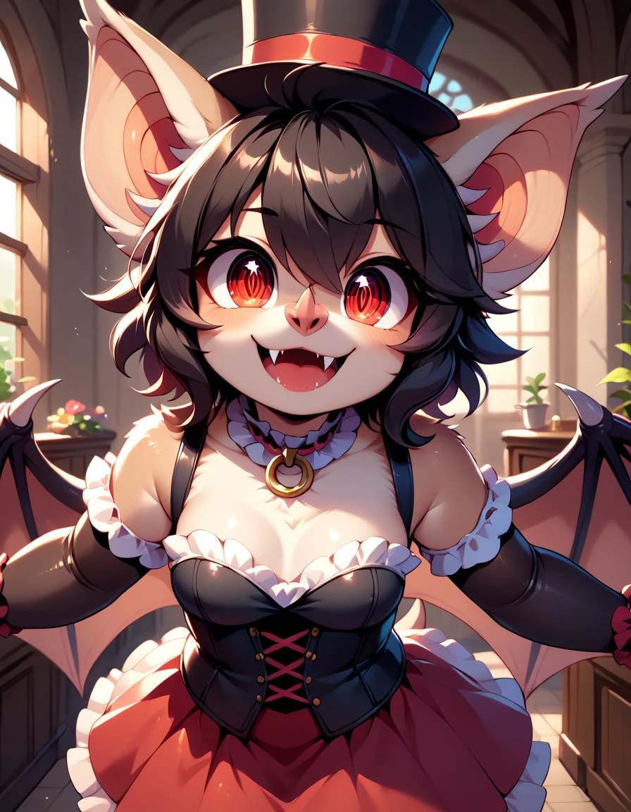 score_9, score_8_up, score_7_up, (female bat anthro, plump, short black hair, red eyes, bat nose, large fangs, small breast, bangs, cute short, furry, bat wings), in a mansion, black fur corset, frilly choker, small top hat, black arm gloves, red skirt
leaning forward, face focus, close up, hypnotic eyes, arms reaching out, hugging viewer, looking at viewer
<lora:BatsXL_v2_Pony:0.9> fluffy, <lora:MegaFluffyPony:0.7>