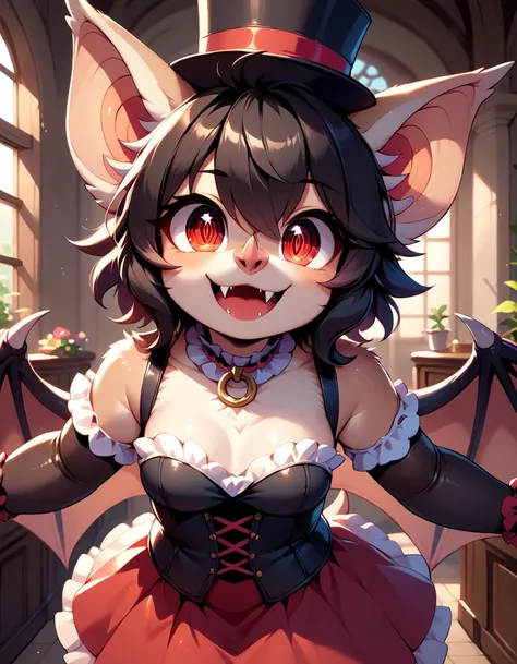 score_9, score_8_up, score_7_up, (female bat anthro, plump, short black hair, red eyes, bat nose, large fangs, small breast, bangs, cute short, furry, bat wings), in a mansion, black fur corset, frilly choker, small top hat, black arm gloves, red skirt
 leaning forward, face focus, close up, hypnotic eyes, arms reaching out, hugging viewer, looking at viewer
<lora:BatsXL_v2_Pony:0.9>  fluffy,  <lora:MegaFluffyPony:0.7>