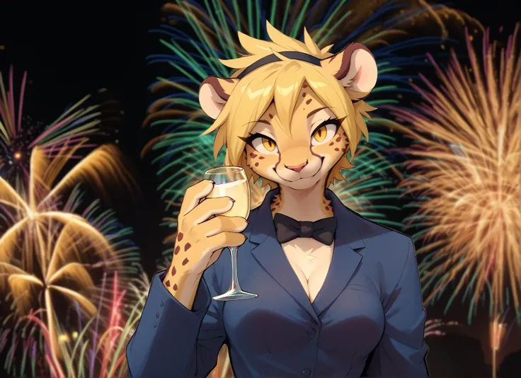 score_9, score_8_up, score_7_up
aerial fireworks, blurry background,
furry
1girl,solo
cheetah,female,cute,medium breasts
yellow hair, messy hair, short hair,yellow eyes,cheetah tail,cheetah ears,black headband,black bow tie
paws,digitigrade,
(big smile:1.2),(mouth closed:1.2),furganomics,5 fingers,(closed mouth:1.2), squinting,
upper body, face focus
business suit,cleavage,shirtless
looking at viewer, holding glass,(wine glass),extended arm toward viewer,head tilted down,reaching towards viewer,
<lora:zaush v1 rank64 pony:1>
<lora:Mila_Minx_Pony_XL_v1:1>