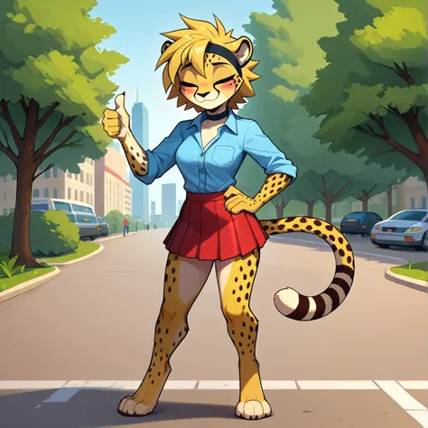 score_9, score_8_up, score_7_up
detailed background, park, city
furry
1girl,solo,5 fingers,4 toes
cheetah,female,cute,medium breasts
yellow hair, messy hair, short hair,yellow eyes,cheetah tail,cheetah ears,black headband,black choker
paws,digitigrade,blushing
hands on own hip,eyes closed,:3, (warm smile:1.2)
full body
light blue dress shirt,red pleated skirt,red skirt
standing,spread legs,looking forward,(thumbs up),arm extended
<lora:EFangularstyle_XL_v1:0.7>