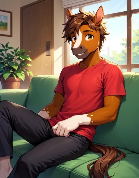 score_9, score_8_up, score_7_up, (male horse, furry, teenager, short brown hair, brown fur, red t-shirt, black pants, cute, smile), sitting on a couch, indoors, looking at user.