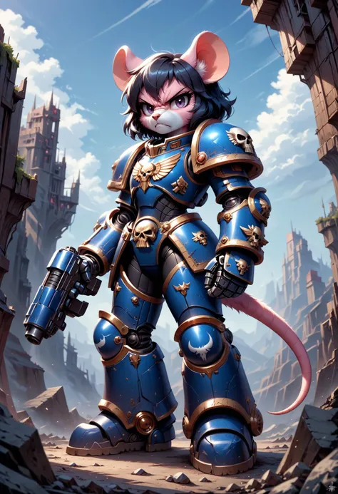 score_9, score_8_up, score_7_up, UltraM40k, fluffy:1.5, solo, female, flat chest, mouse, ((pink fur)), short black hair, wavy hair, violet eyes, bulky and broad body, highly detailed huge and wide power armor, full cover armor, armored hands, holding boltgun, skulls, looking at viewer, annoyed:1.5, ((angry:1.5)), standing at cliff's edge, ruined city in background, from side and below, <lora:UltraM40k:0.8> <lora:MegaFluffyPony:0.5>