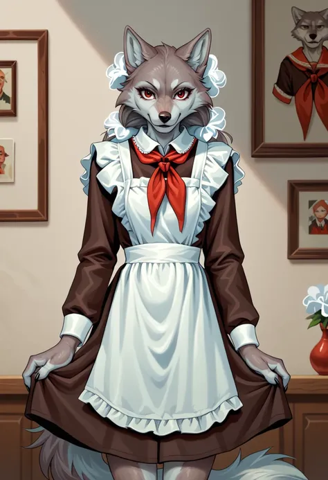 score_9, score_8_up, score_7_up, source furry,
1girl, solo, furry, wolf girl,
soviet schoolgirl uniform, frilled apron, frilled hair scrunchie, red neckerchief,
<lora:Soviet_Schoolgirl_Uniform:1>