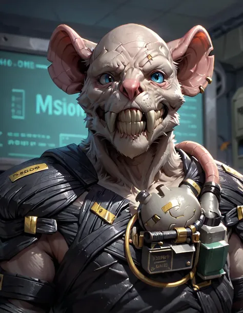 score_9, score_8_up, score_7_up, (NemesisNoWeapon, rat, furry, bald, shoulder armor, science fiction, skull, pauldrons, teeth, standing, passport photo, solo, face focus, close-up, in a laboratory <lora:nemesis_pony_v3:0.8>