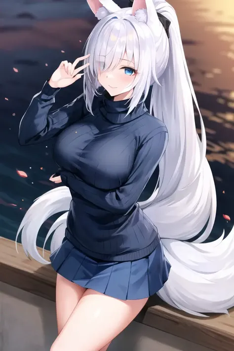 masterpiece, best quality, 1girl, solo, KagaV4, very long hair, long hair, ((ponytail)), smile, ((hair over one eyes)), ((sweater, skirt)), mask, mask on mouth, blue eyes, animal ears, fox ears, tail, cowboy shot, <lora:KagaV4-14:1>