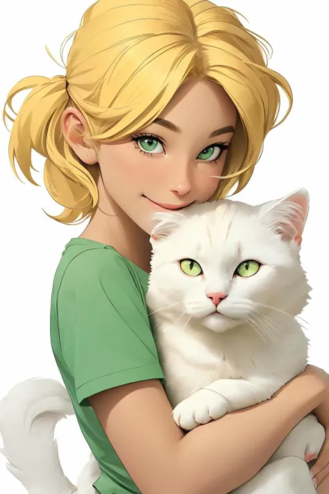 portrait of solo AmandaPflugrad (green tshirt) (short blonde hair), cuddling a (white cat:1.2), cudd13, hug, smiling, slit pupils, colorful background, <lora:cudd13 - 0nt0p - CuddleAndHeadOnTop:0.3>
