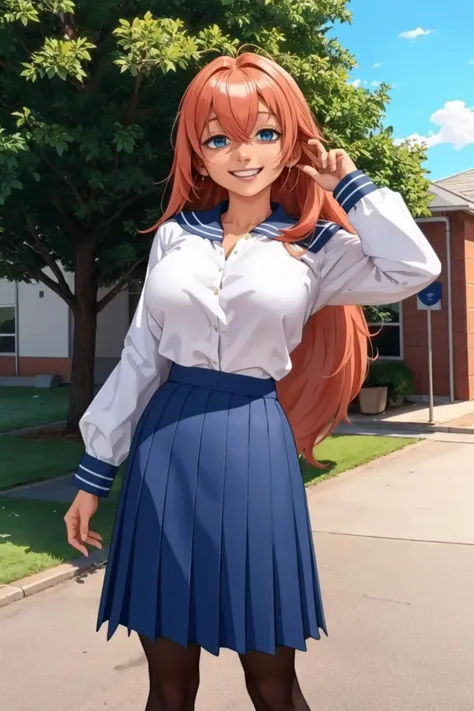 masterpiece,best quality,highres,ultra-detailed,aakomaro,long hair,hair between eyes,large breasts,school uniform,sailor collar,white shirt,long sleeves,blue skirt,(pantyhose:1.2),black pantyhose,loafers,,outdoors,standing,cowboy shot,smile, <lora:michinoku_komaro:0.7>
