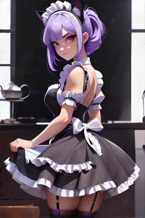 <lora:cutemaiddress:0.8>, 1girl wearing black maid dress, white apron, purple hair, grey eyes, cat ears, short skirt, stocking || masterpiece, perfect quality, sharp focus, shallow depth of field, 8k