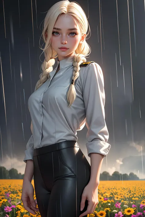 ( detailed realistic background:1),
( official art, beautiful and aesthetic:1 ),
realistic lighting,
cinematic lighting,
hyperrealism,
soothing tones,
muted colors,
high contrast,
soft light,
sharp,
artistic photoshoot,
( cute, petite:1.2 ),
slender,
european,
pale cheeks,
square face shape with angular jaw,
natural "no-makeup" makeup,
voluptuous full ass ,
platinum blonde hair ,
dutch braid hairstyle  ,
on back 
Mechanical Flower Field  ,
refreshing rain on a warm day  ,
midnight sky  ,
Firefighter Uniform 
pants 
wool sock 
 ,
squinting eyes smile 
<lora:lora_perfecteyes_v1_from_v1_160:0.8> perfecteyes eyes,
looking at viewer,