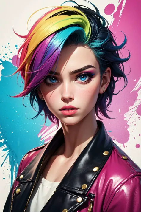 best quality, masterpiece, (Pop Art, Hyper Realism): A vibrant pop art-inspired portrait of a rebellious rockstar with neon-colored hair, intense gaze, and bold makeup, against a backdrop of gritty urban street art