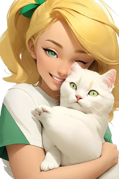 portrait of solo AmandaPflugrad (green tshirt) (short blonde hair), cuddling a (white cat:1.2), cudd13, hug, smiling, slit pupils, colorful background, <lora:cudd13 - 0nt0p - CuddleAndHeadOnTop:0.3>