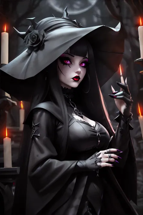 Vivid, high-contrast horror cowboy shot of a white vampire adult woman beautiful, a black dress, long black hair, wearing a corset, flowy dark black hair, lashes, ark makeup, shoulders exposed, cape, evil look, black lipstick, (((short bangs))), smokey eyes makeup, black lipstick, cleavage exposed, perfect anatomy under a dramatic, gritty lighting, purple details background