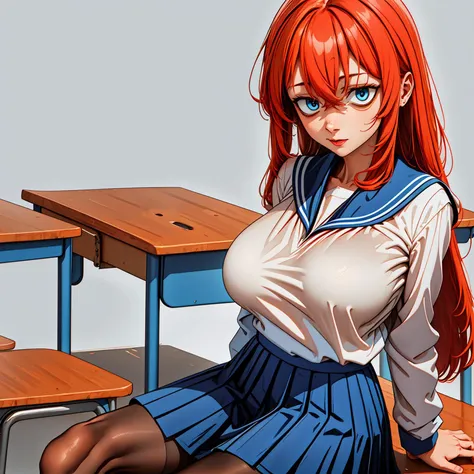 1girl, cowboy shot, sitting, classroom, looking at viewer,
komaro, huge breasts, bags under eyes, blue eyes, orange hair, long hair, bangs, hair between eyes, school uniform, neckerchief, sailor collar, long sleeves, pleated skirt, blue skirt, pantyhose, <lora:komaro_lora_ver2:0.8>, best quality, masterpiece, highres,
masterpiece, best quality, highest quality,
beautiful, intricate details, absurdres,