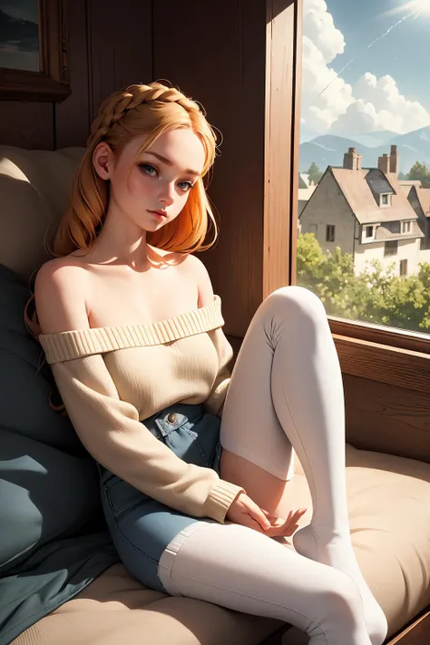 ( detailed realistic background:1),
( official art, beautiful and aesthetic:1 ),
realistic lighting,
cinematic lighting,
hyperrealism,
soothing tones,
muted colors,
high contrast,
soft light,
sharp,
artistic photoshoot,
( cute, petite:1.2 ),
slender,
european,
pale cheeks,
square face shape with angular jaw,
natural "no-makeup" makeup,
b-cup breasts ,
ginger hair ,
crown braid ,
foot focus (focus sole of foot)
tudor home , cozy reading nook , warm atmosphere ,
puffy clouds on a breezy afternoon ,
shooting stars ,
off-shoulder sweater
cigarette jeans
mesh stockings
mary jane ,
happy
<lora:lora_perfecteyes_v1_from_v1_160:0.8> perfecteyes eyes,
looking at viewer,