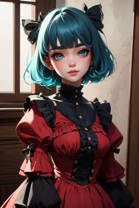 upper body, a badass GothGal, 28 years old, (caligirl:1.3), slaying it, wearing a GothGal outfit, red dress, ribbon, frills, Pouty lips, Long eyelashes, Full eyebrows, Full eyelids, thick lips, rosy cheeks, cuteness overload , moody atmosphere, dimples, Resist her cuteness!!!, cute smile, fair pale skin, oily skin, radiant eyes, (Bowl cut hair cut), (Rainbow hair color), harsh flash lighting, vignette, grainy, <lora:edgGothGal_MINI:1>