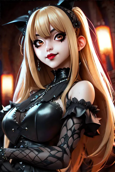 <lora:misaamane:0.6> <lora:gothgals:0.5> MisaAmaneV2 Misa Amane wearing a GothGal outfit, blonde hair, brown eyes, closed smile, masterpiece, 8k, high resolution, shallow depth of field, sharp focus