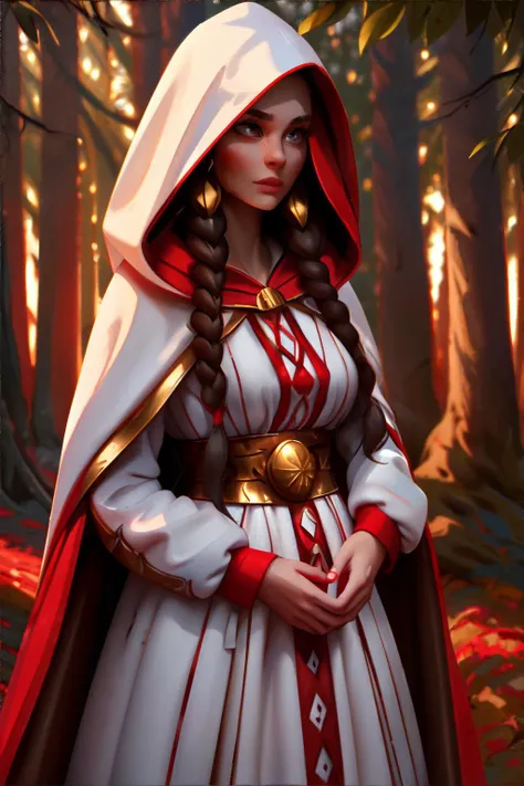 <lora:slavicfantasy:0.6>, slavic style, beauutiful woman, dark brown braids, white dress, red hooded cape, serene expression, enchanted forest, golden hour || masterpiece, perfect quality, sharp focus, shallow depth of field, 8k