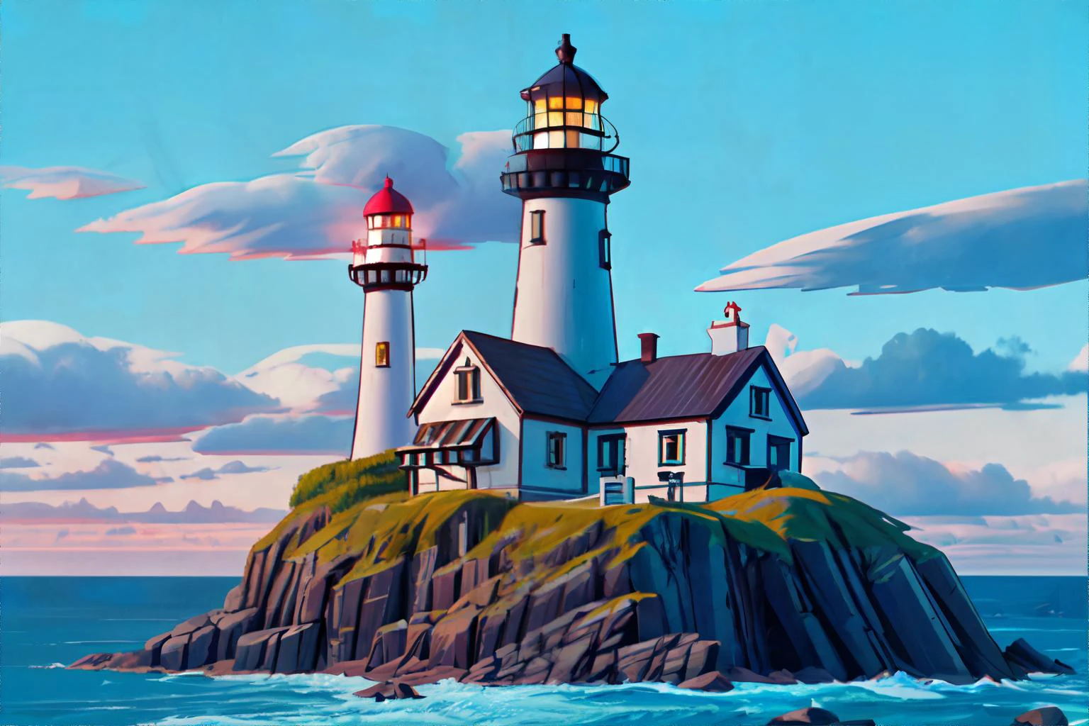 <lora:ghiblilora:0.7> fading lighthouse, chipped paint, broken beacon, lost guidance || masterpiece, 8k, high resolution, striking landscape, sharp focus