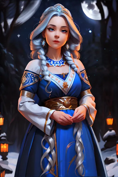 <lora:slavicfantasy:0.6>, slavic style, beautiful young woman, traditional blue dress, loose (white|silver) curly hair, flirting with the camera, night time, moonlight, stars || masterpiece, perfect quality, sharp focus, shallow depth of field, 8k