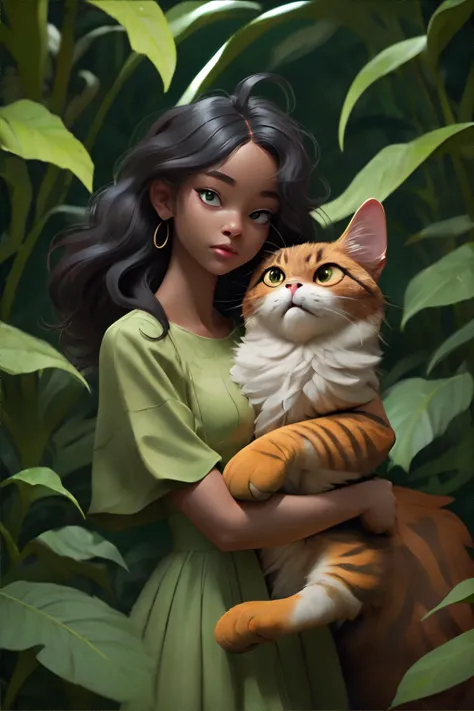 <lora:giantcats:0.7>, 1girl wearing flowing green dress, dark skin, oversized orange cat, jungle, <clip:skip:2> || skin, hair, fur, masterpiece, 8k, high resolution, shallow depth of field, sharp focus