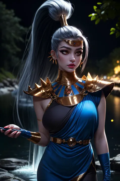 (ultra realistic,32k,RAW photo:1.1),(high detailed skin:1.1), 8k uhd, dslr, high quality, film grain,(makeup, mascara:1.1) , lips,(thick\lips\),
,(shiny glossy translucent clothing:1.1), <lora:megaera:0.8>megaera, 1girl, solo, ponytail, colored skin, breasts, piercing, ear piercing, blue skin, single wing, gorget, greek clothes , (huge breast:0.9), <lora:add_detail:0.81>,
Standing and pretending to juggle invisible balls,
 (busty:1.1) ,  (chubby:0.1),(Specular highlight soft shaded  :1.1),<lora:LowRA:0.4>, dark theme ,river, flowing water, tranquil surroundings, natural beauty,  ,(glowing lights  background:1.1)