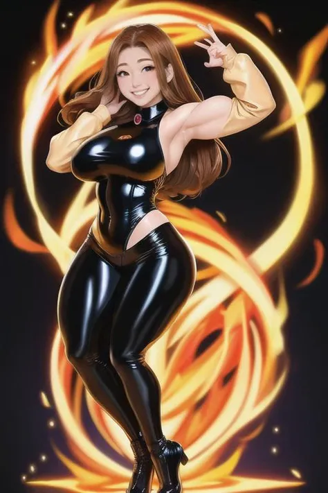 ((masterpiece,best quality)), Brown skin, yellow eyes, long red hair, big breasts, big hips, hair between eyes, hair flares out, 1girl, solo, brown-skinned female, red-haired female, front view, plump thighs