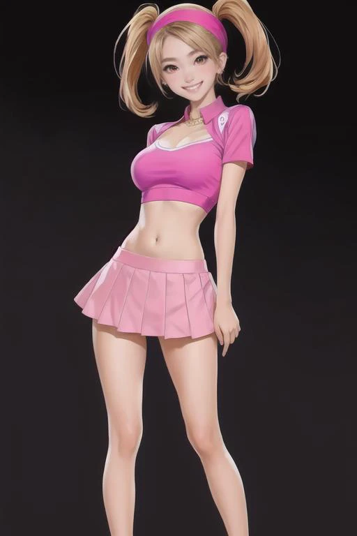 full body portrait, 2d, anime, hentai, dark theme, black background, tan skin, asian, girl, youthful adult, college age, 18 year old, standing, arms behind back, muscular, (pink:1.1) crop top, pink lowleg microskirt, (pussy:1.1), hip bones, groin, tight clothes, midriff, navel, (thighs:1.1), pretty jewelry collar, medium breasts, held back by a white bandana hair, short brown hair, brown eyes, natural eyebrows, [Japanese], (smile, grin, loving expression, looking at viewer), healthy