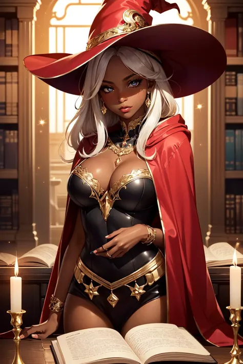 (masterpiece, best quality:1.4), (beautiful, aesthetic, perfect, delicate, intricate:1.2), (cute, adorable), (depth of field:1.2), (1girl, solo), colorful, vivid colors, moody, mood lighting, cinematic, (dark skin, black skin, ebony:1.4), perfect female form, perfect face, glossy pink lips, expressive eyes, eyeshadow, eyeliner, long straight white hair, natural breasts, (sexy witch), (ornate delicate red cloak, cleavage), (at library, sotone walls, potions, books, candles), mystical, magical, glow, glowing, dark magical lighting,sparkle, glittering, darkness, (cowboy shot),