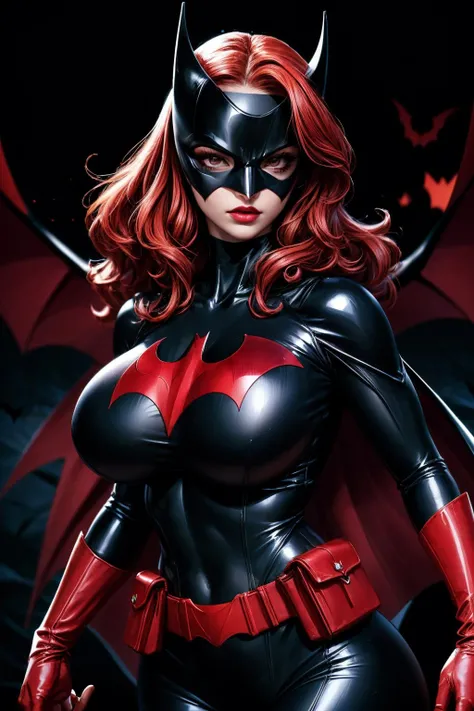 (ultra realistic,32k,RAW photo:1.1),(high detailed skin:1.1), 8k uhd, dslr, high quality, film grain, (makeup, mascara:1.1), lips,(thick\lips\),
(shiny glossy translucent clothing:1.1), <lora:Batwoman:0.7>Batwoman,person, woman, red gloves, clothing, cape, gloves, lipstick, solo, mask, female, red cape, bodysuit, red footwear, superhero, anime, utility belt, black bodysuit, pouch, breasts, red hair, bat (animal), teeth, red belt, bat claw, long hair, pointed arm accessory, costume, makeup, full body, red arm acessory, <lora:add_detail:0.89>, (huge breast:1.2), (upper body:1.2),
Pretending to hold a large picture frame,
(busty:1.1) , (chubby:0.1),(glow in the dark:1.2), <lora:LowRA:0.4>, dark theme blank background
