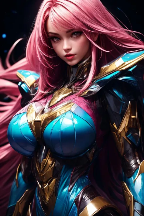 “Female, long curly hair, pink hair, blue eyes, combat gear, combat stance, glowing eyes, show nipples, show vagina.