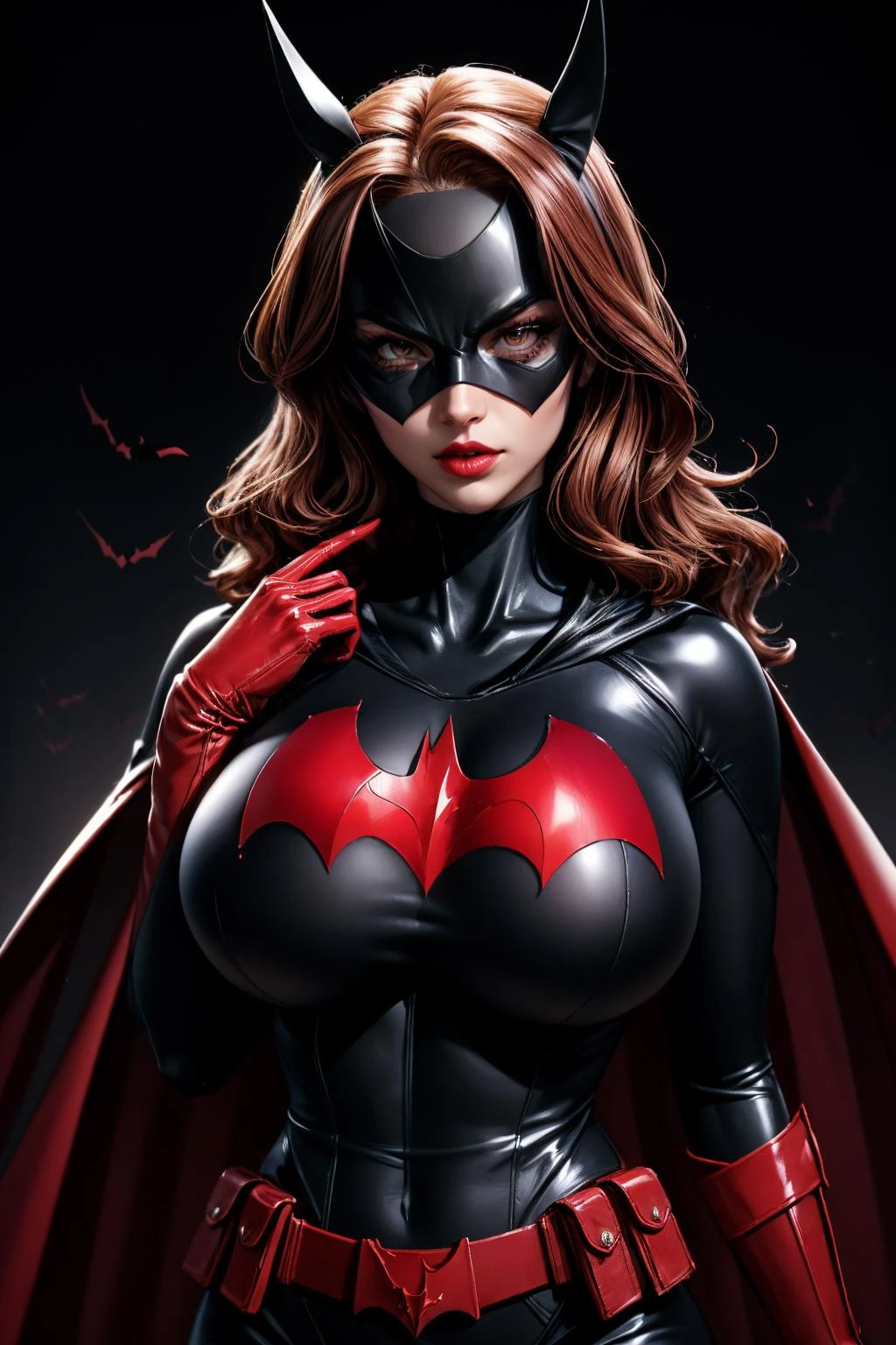 (ultra realistic,32k,RAW photo:1.1),(high detailed skin:1.1), 8k uhd, dslr, high quality, film grain, (makeup, mascara:1.1), lips,(thick\lips\),
(shiny glossy translucent clothing:1.1), <lora:Batwoman:0.7>Batwoman,person, woman, red gloves, clothing, cape, gloves, lipstick, solo, mask, female, red cape, bodysuit, red footwear, superhero, anime, utility belt, black bodysuit, pouch, breasts, red hair, bat (animal), teeth, red belt, bat claw, long hair, pointed arm accessory, costume, makeup, full body, red arm acessory, <lora:add_detail:0.79>, (huge breast:1.2), (upper body:1.2),
Posing as if pulling a stubborn donkey,
(busty:1.1) , (chubby:0.1),(tenebrism:1.2), <lora:LowRA:0.4>, dark theme quantum encryption facility, secure data transmission, unbreakable codes, protecting digital privacy