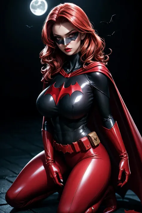 (ultra realistic,32k,RAW photo:1.1),(high detailed skin:1.1), 8k uhd, dslr, high quality, film grain, (makeup, mascara:1.1), lips,(thick\lips\),
(shiny glossy translucent clothing:1.1), <lora:Batwoman:0.7>Batwoman,person, woman, red gloves, clothing, cape, gloves, lipstick, solo, mask, female, red cape, bodysuit, red footwear, superhero, anime, utility belt, black bodysuit, pouch, breasts, red hair, bat (animal), teeth, red belt, bat claw, long hair, pointed arm accessory, costume, makeup, full body, red arm acessory, <lora:add_detail:0.79>, huge breast, (upper body:1.2),
Kneeling with hands clasped,
(busty:1.1) , (chubby:0.1),(iridescence:1.2), <lora:LowRA:0.4>, dark theme A tropical environment with a party atmosphere and a lot of wealth