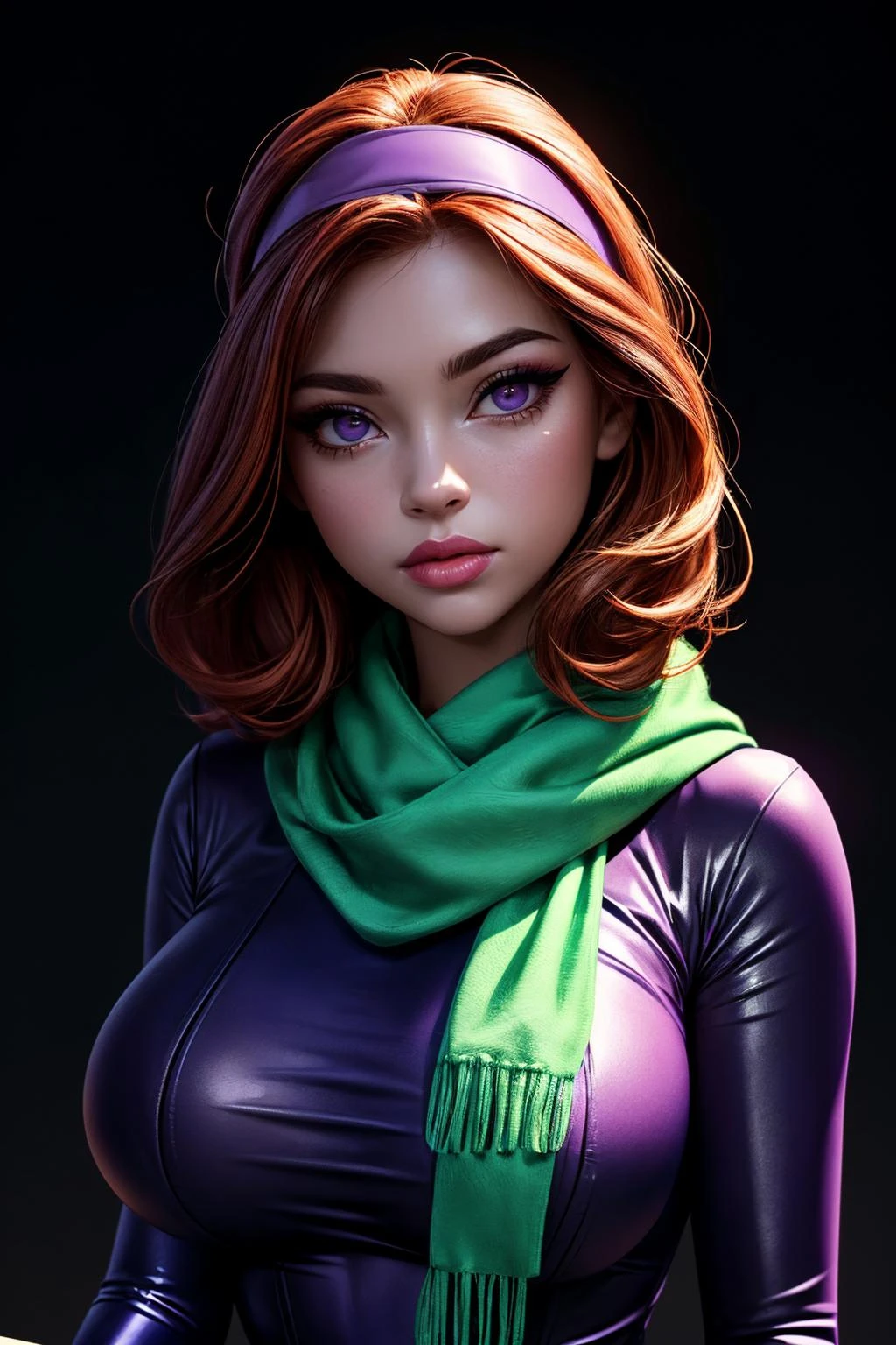 (ultra realistic,32k,RAW photo:1.1),(high detailed skin:1.1), 8k uhd, dslr, high quality, film grain, (makeup, mascara:1.1), lips,(thick\lips\),
(shiny glossy translucent clothing:1.1), <lora:DAPHNE-V2:0.6>1girl, solo, redhead, (purple eyes:0.8), purple headband, purple dress,long sleeves, green scarf, light purple pantyhose,, <lora:add_detail:0.97>, huge breast, (upper body:1.1),
(looking at viewer, sitting:1.1),,
(busty:1.1) , (chubby:0.1),(neon pastel light:1.1),<lora:LowRA:0.4>, dark theme, blank background