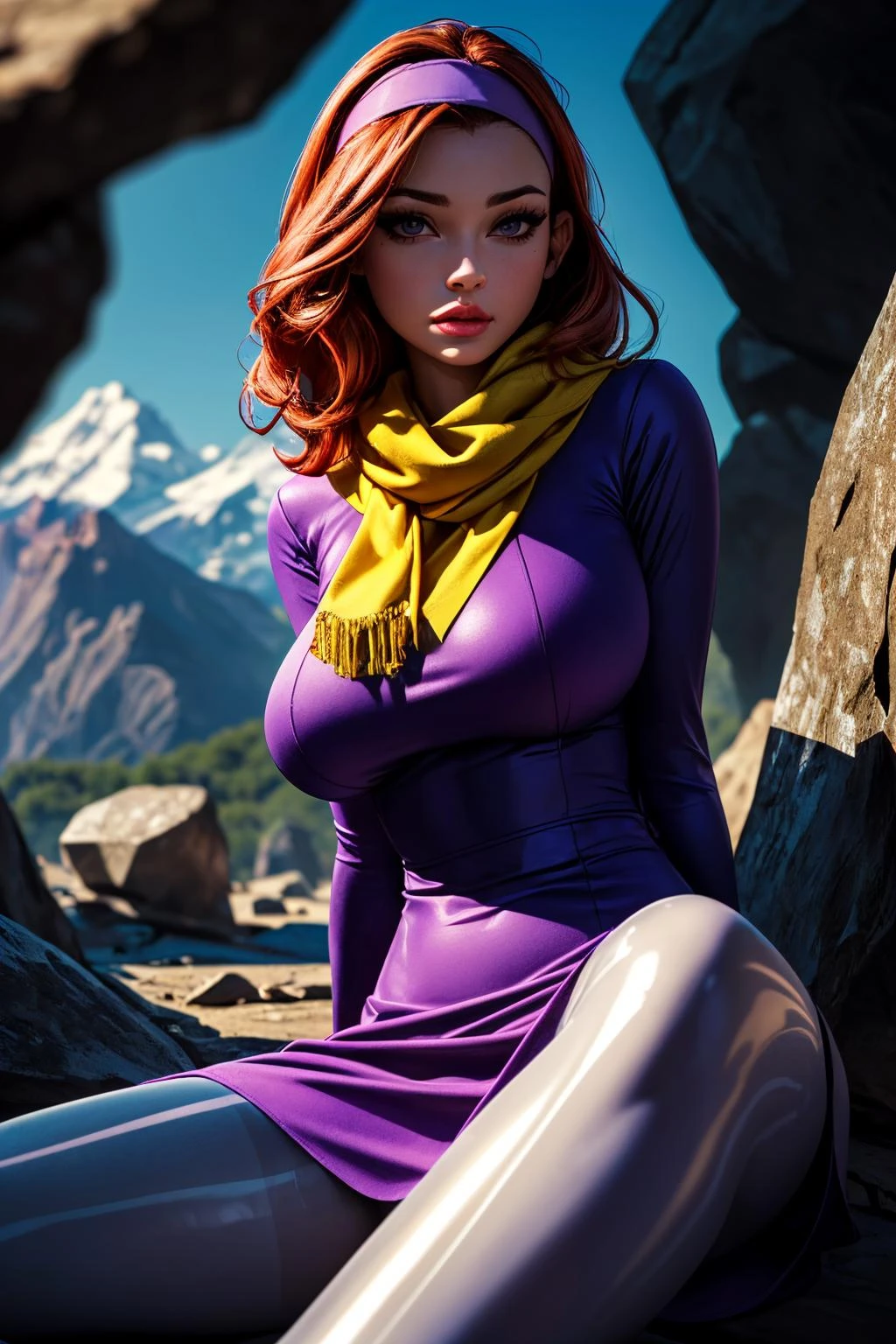 (ultra realistic,32k,RAW photo:1.1),(high detailed skin:1.1), 8k uhd, dslr, high quality, film grain, (makeup, mascara:1.1), lips,(thick\lips\),
(shiny glossy translucent clothing:1.1), <lora:DAPHNE-V2:0.7>1girl, solo, redhead, (purple eyes:0.8), purple headband, purple dress,long sleeves, green scarf, light purple pantyhose,, <lora:add_detail:0.76>, huge breast, (upper body:1.1),
(looking at viewer, sitting from below:1.1),,
(busty:1.1) , (chubby:0.1),(refraction:1.1),<lora:LowRA:0.4>, dark theme, A mountainous location full of jagged rocks and boulders