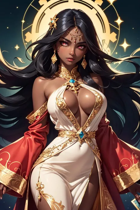 (masterpiece, best quality:1.4), (beautiful, aesthetic, perfect, delicate, intricate:1.2), (cute, adorable), (depth of field:1.2), (1girl, solo), colorful, vivid colors, moody, mood lighting, cinematic, (dark skin, black skin, ebony:1.4), perfect female form, perfect face, glossy pink lips, expressive eyes, eyeshadow, eyeliner, long wavy hair, gigantic natural breasts, (fortune teller, tarot cards), (tarot cards:1.4), (cards floating:1.2), (ornate delicate robe, cleavage), looking at viewer, mystical, magical, glow, glowing, dark magical lighting, sparkle, glittering, darkness, (glowing eyes:1.4), (cowboy shot:1.4),