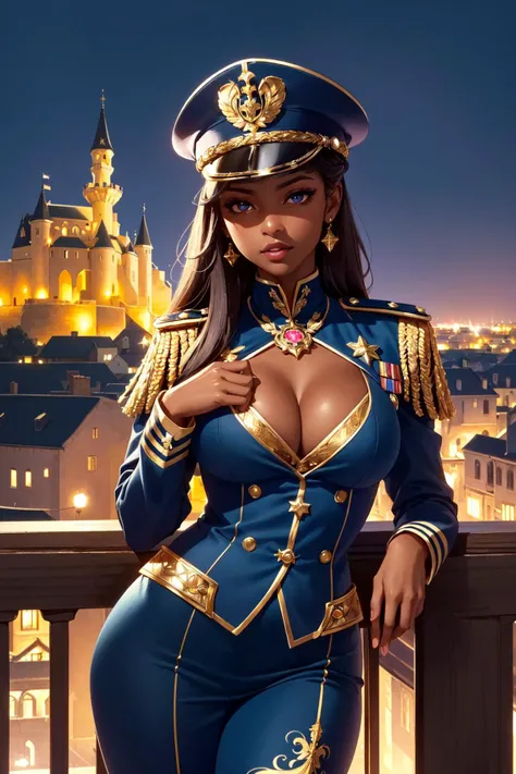 (masterpiece, best quality:1.4), (beautiful, aesthetic, perfect, delicate, intricate:1.2), (cute, adorable), (depth of field:1.2), (1girl, solo), colorful, vivid colors, moody, mood lighting, cinematic, (dark skin, black skin, ebony:1.2), perfect female form, perfect face, glossy pink lips, expressive eyes, eyeshadow, eyeliner, long flowing hair, natural breasts, (purple military officer uniform), (ornate delicate military officer uniform), (gold trimming in outfit), (war medals on her chest), (military officer cap), (cleavage), (leaning on an open balcony), warm lighting, looking at viewer, (castle at background, fantasy city background), (at night), (cowboy shot:1.2),
