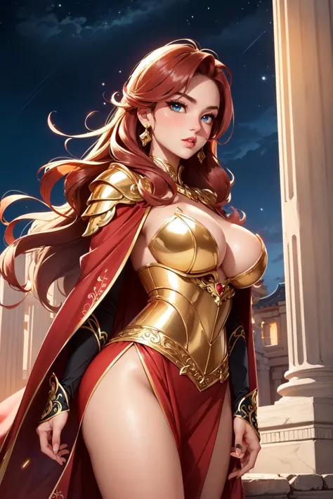 (masterpiece, best quality:1.4), (beautiful, aesthetic, perfect, delicate, intricate:1.2), (cute, adorable), (depth of field:1.2), (1girl, solo), colorful, vivid colors, perfect female form, perfect face, glossy pink lips, expressive eyes, eyeshadow, eyeliner, blush, long wavy red hair, colored hair, hair in the wind, huge natural breasts, narrow waists, (a sexy warrior), gold ornated red armor, red cloak, delicate ornate cloak, (at a ancient temple, old temple, stone walls), looking at viewer, (at night:1.4), (cowboy shot),