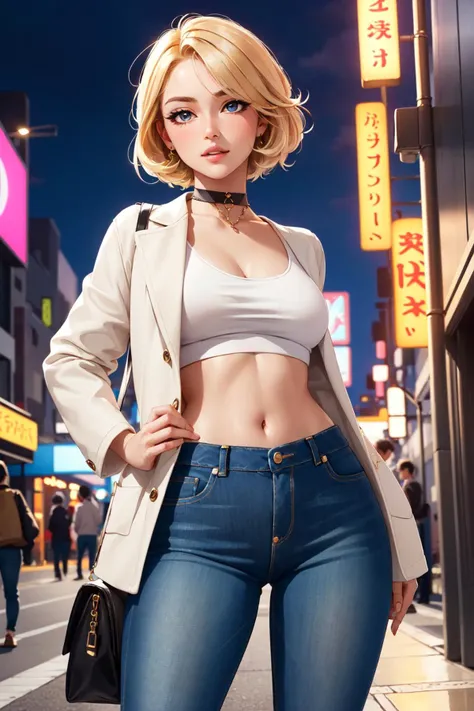 (masterpiece, best quality:1.4), (beautiful, aesthetic, perfect, delicate, intricate:1.2), (cute, adorable), (depth of field:1.2), dramatic lighting, vivid colors, colorful, sexy looking, perfect female form, (perfect face, glossy pink lips, expressive eyes, eyeliner, eyeshadow, blush), short blonde hair, (natural breasts, narrow waists), navel, midriff, (black tanktop), (jeans panties), (white jacket), choker, (tokio aesthetics, city streets), (at night:1.4),