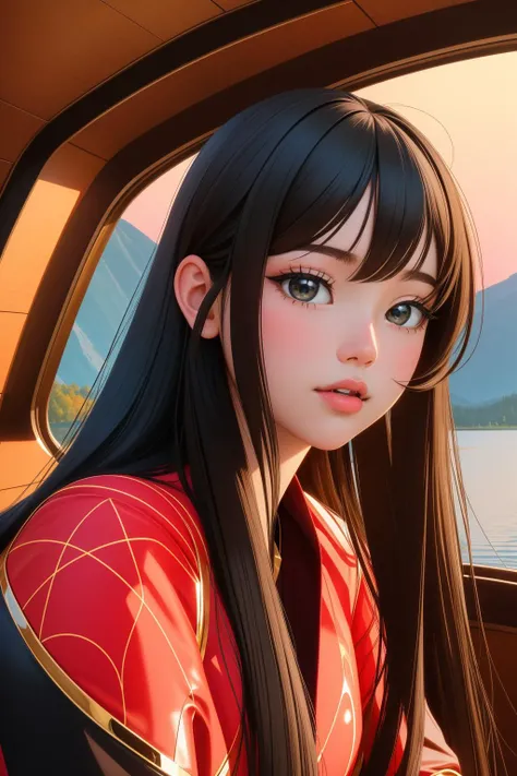 1girl, awardwinning portrait, Realism, concept art, close up of a Black and Ruby Red ([Chiang Rai|Mount Shasta]:1.3) from inside of a Lake House, it is very [Studied|Smart] and Rounded, fall grass with Camellia, at Golden hour, (by Miwa Komatsu:1.0) , (Parmigianino:1.3) , (Cassius Marcellus Coolidge:1.1) , Simple illustration, Relieving, Neon Light, F/1.8, Technicolor, magnificent, biomorphic forms, contest winner, Flickr, womanly