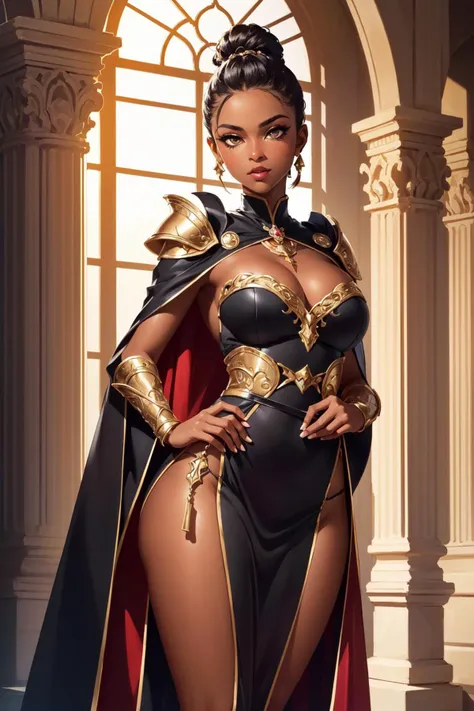 (masterpiece, best quality:1.4), (beautiful, aesthetic, perfect, delicate, intricate:1.2), (cute, adorable), (depth of field:1.2), 8k, hdr, unity, wallpaper, (1girl, solo), colorful, vivid colors, moody, mood lighting, (cinematic lighting), cinematic, (dark skin, black skin, ebony:1.3), perfect female form, perfect face, glossy pink lips, expressive eyes, eyeshadow, eyeliner, long flowing hair, natural breasts, serious look pressed lips, (black updo:1.2), (black steel armor:1.1) and robes (cape:1.2) royalty ornate (embroidery:0.5), skinny (illustration:1.1), (stone columns, castle hall, at night), (cowboy shot),