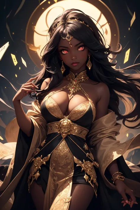 (masterpiece, best quality:1.4), (beautiful, aesthetic, perfect, delicate, intricate:1.2), (cute, adorable), (depth of field:1.2), (1girl, solo), colorful, vivid colors, moody, mood lighting, cinematic, (dark skin, black skin, ebony:1.4), perfect female form, perfect face, glossy pink lips, expressive eyes, eyeshadow, eyeliner, long wavy hair, gigantic natural breasts, (fortune teller, tarot cards), (tarot cards:1.4), (cards floating:1.2), (ornate delicate robe, cleavage), looking at viewer, mystical, magical, glow, glowing, dark magical lighting, sparkle, glittering, darkness, (glowing eyes:1.4),